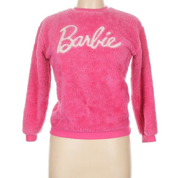 BARBIE Girls Fuzzy Cozy Pullover Fur Sweatshirt Crewneck Pink w/Logo - Sz 11-12 - Picture 3 of 4
